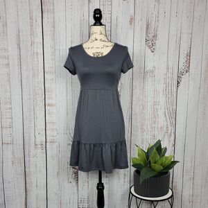 PINK ROSE Grey Scoop Neck Chic Drop Waist Short Sleeve Summer Ruffle Sun Dress